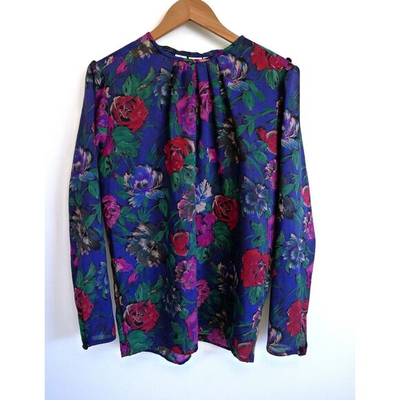 EMANUEL UNGARO TER Vintage 80s Wool Floral Tie Neck Secretary Blouse Top 6 - Picture 3 of 11